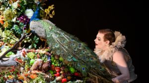 Un homme avec une collerette regarde un amas de fruits et fleurs sur lequel est posé un paon